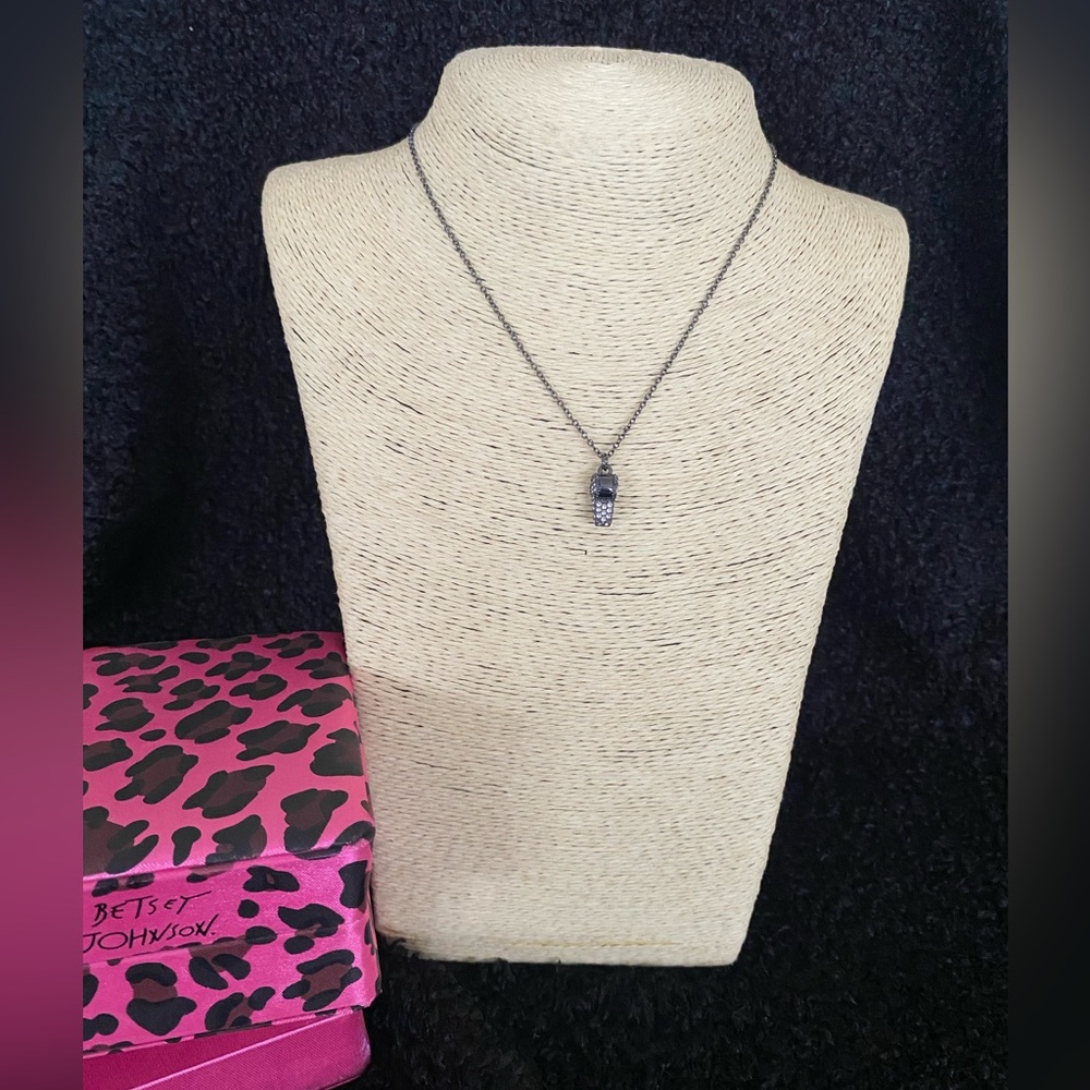 BETSEY JOHNSON Gun Metal Rhinestone Whistle Dainty NECKLACE with Extender